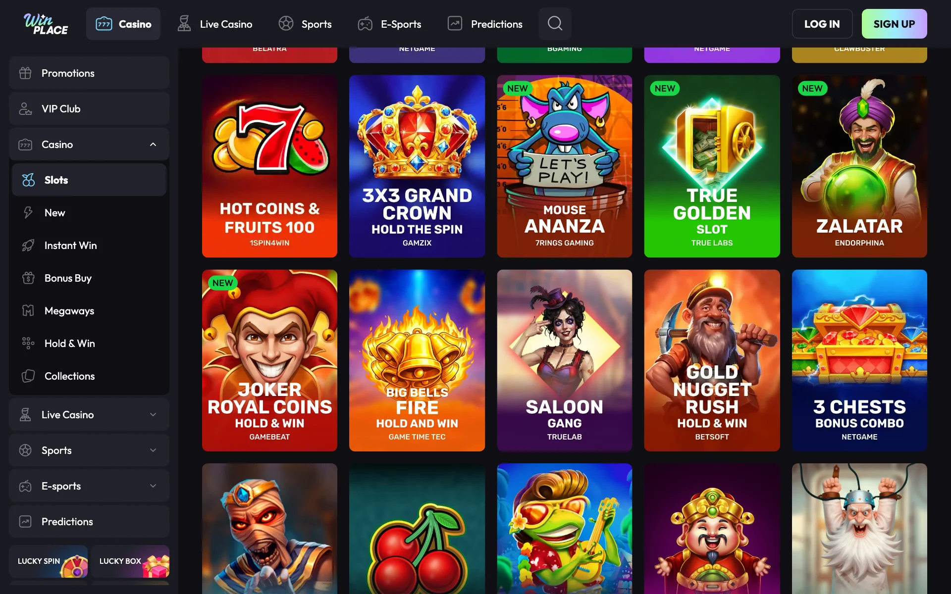 WinPlace slots section with a grid of game tiles